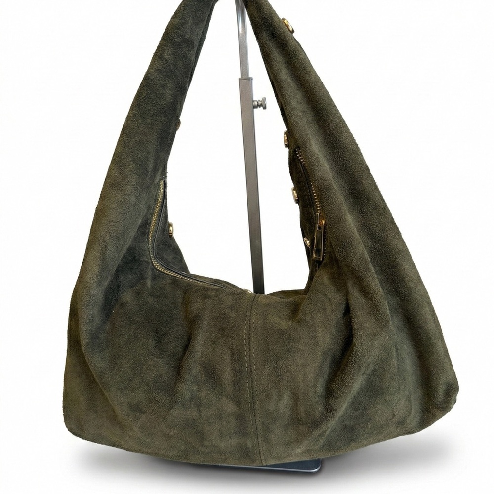 Elegant Olive Green Hobo Shoulder Bag in Genuine Suede Leather - Made in Italy - Picture 4 of 8